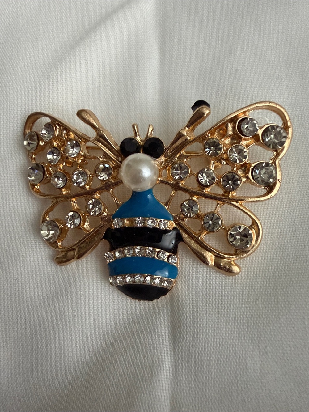 Gold Bee Brooch with Blue and Black Enamel and Crystal Accents